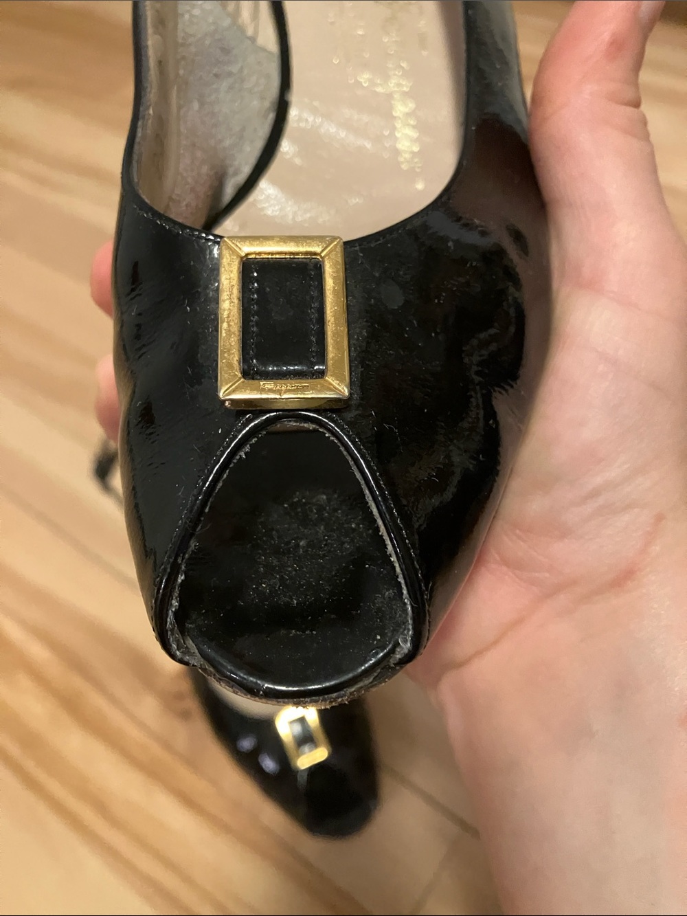 Salvatore Ferragamo Black Patent Slingback Peep-toe Pumps with Gold Buckle - Picture 11 of 15
